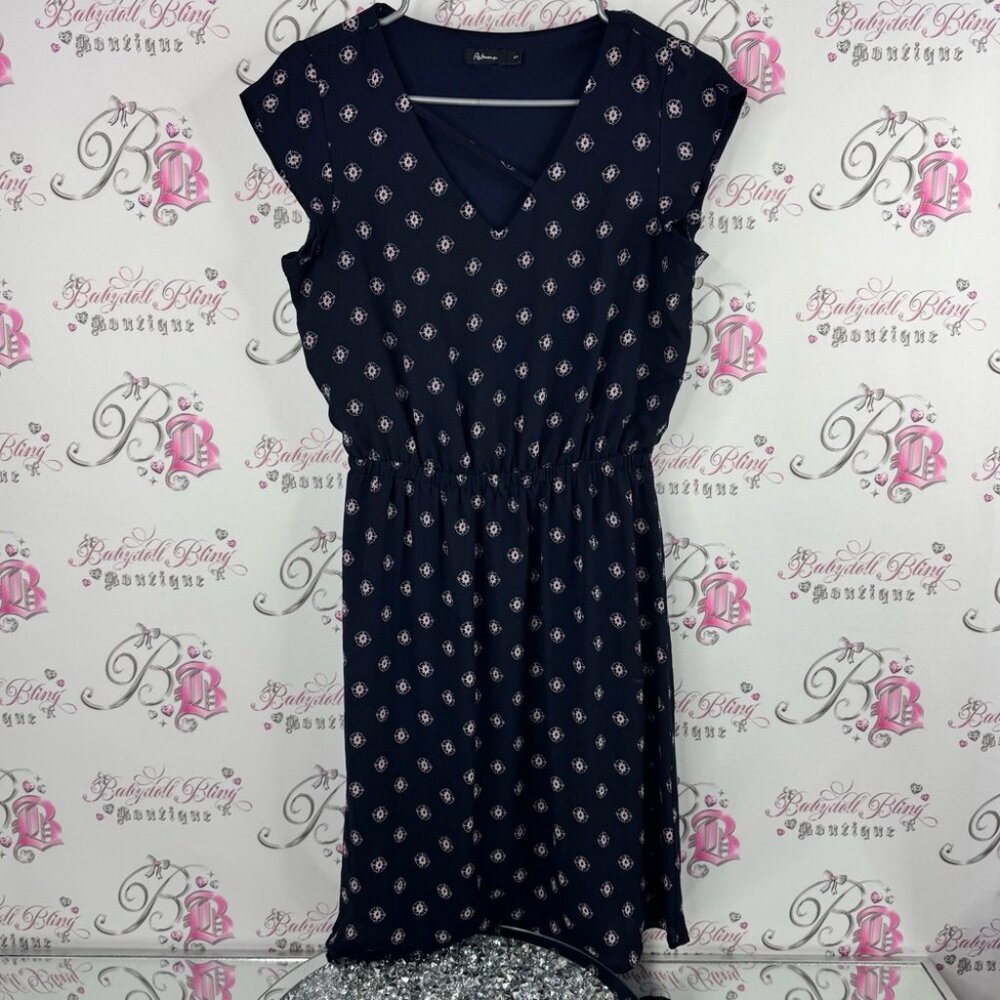 Reitmans Dark Blue Midi Dress with Light Pink Pattern strappy detail
